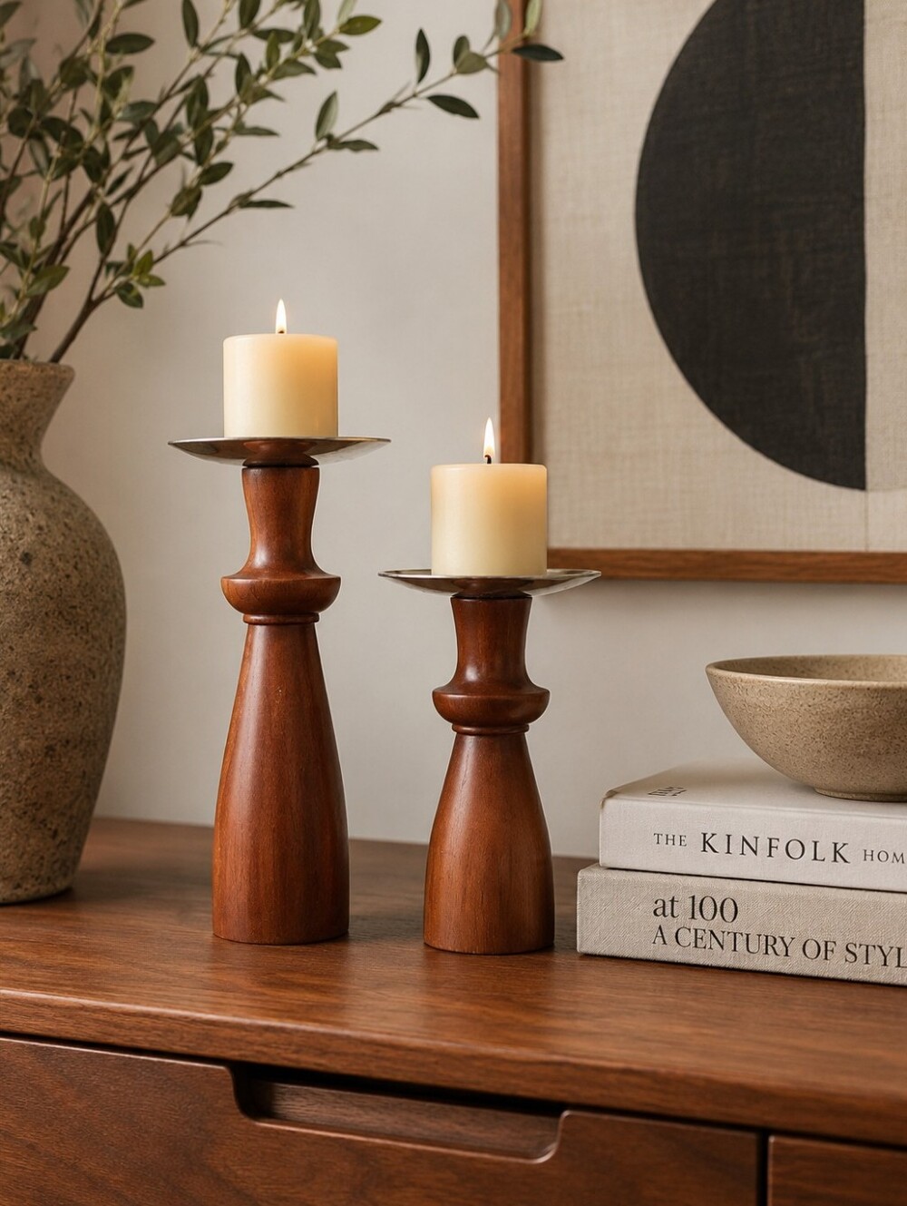 Vintage Wooden Pillar Candle Holders Set 2 Mid Century Modern Danish Japandi